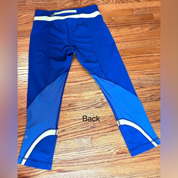 LULULEMON RUN INSPIRE BLUE W/YELLOW STRIPED WAIST BAND& HEM CROPPED LEGGINGS-S6 - Picture 7 of 14